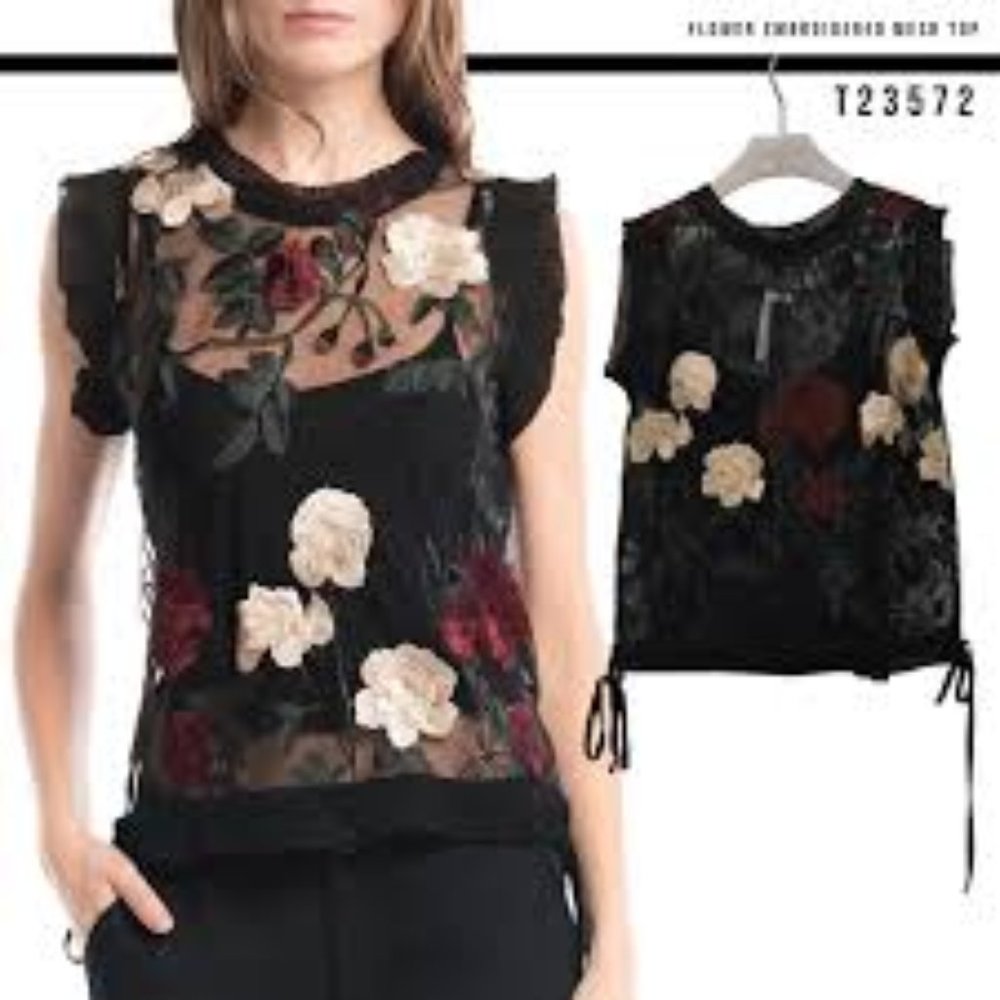 Embroidered Flower Mesh Top
